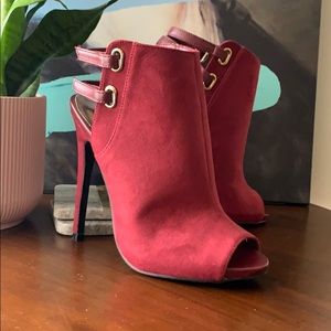 Burgundy faux Suede Open Toe Ankle Booties